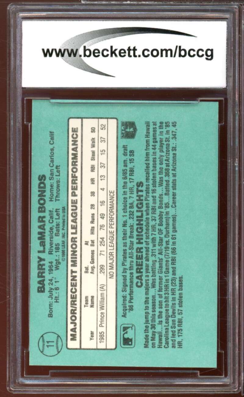 1986 Donruss The Rookies #11 Barry Bonds Rookie Card BGS BCCG 9 Near Mint+ Image 2