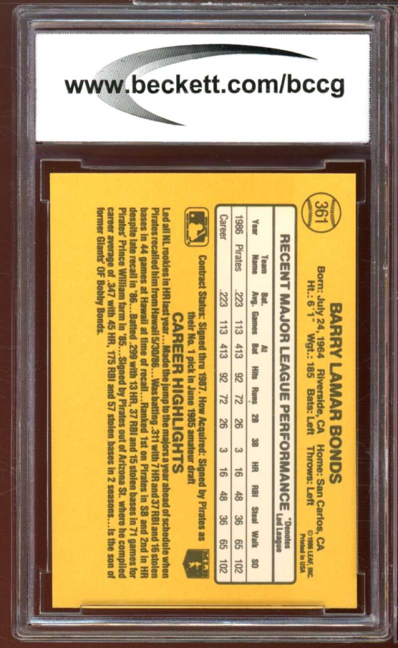 1987 Donruss #361 Barry Bonds Rookie Card BGS BCCG 9 Near Mint+ Image 2