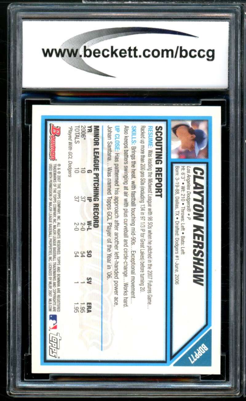 2007 Bowman Draft Prospects #BDPP77 Clayton Kershaw Rookie BGS BCCG 10 Mint+ Image 2