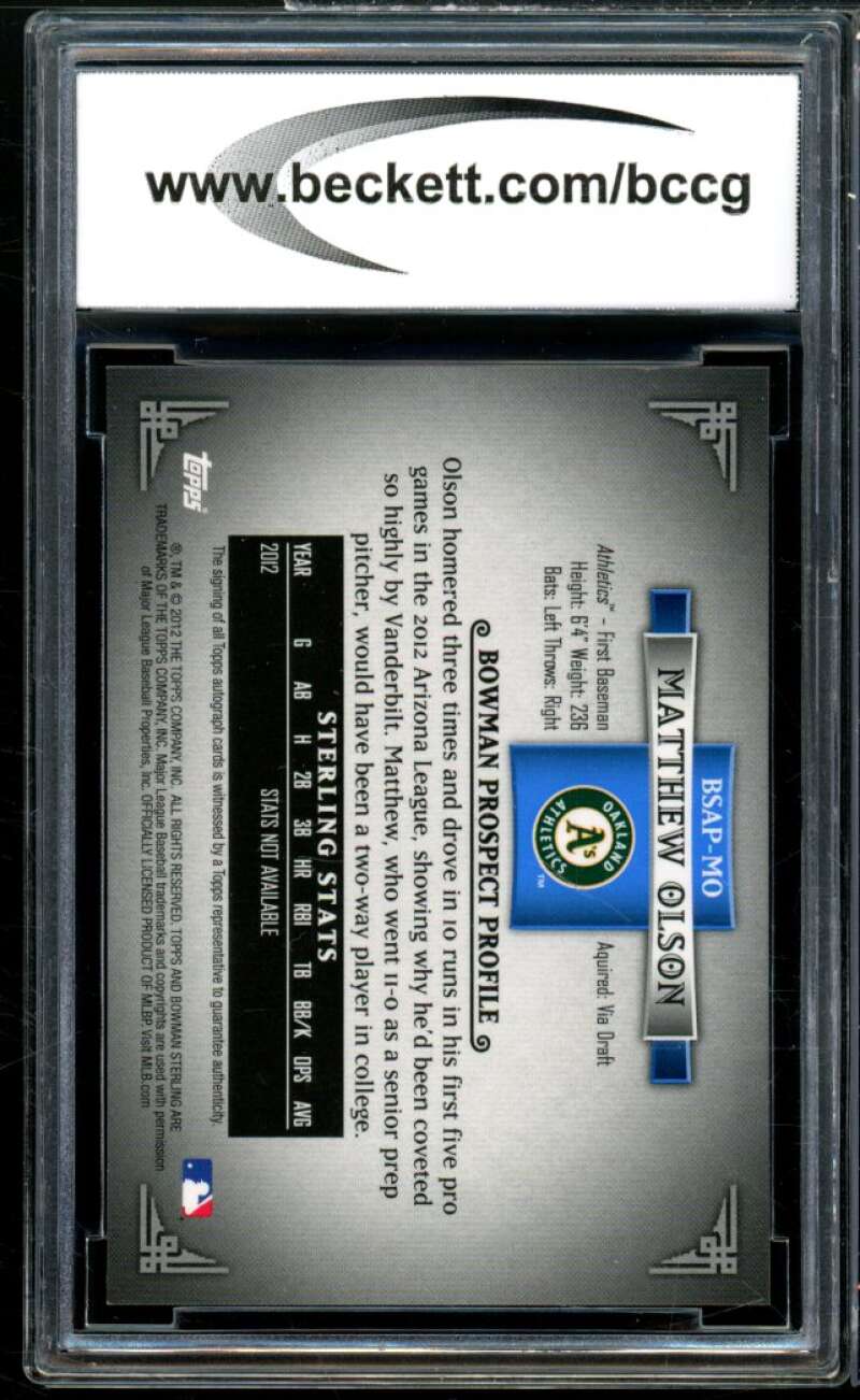 2012 Bowman Sterling Prospect Auto Rookie MO Matthew Olson BGS BCCG 10 Mint+ Image 2