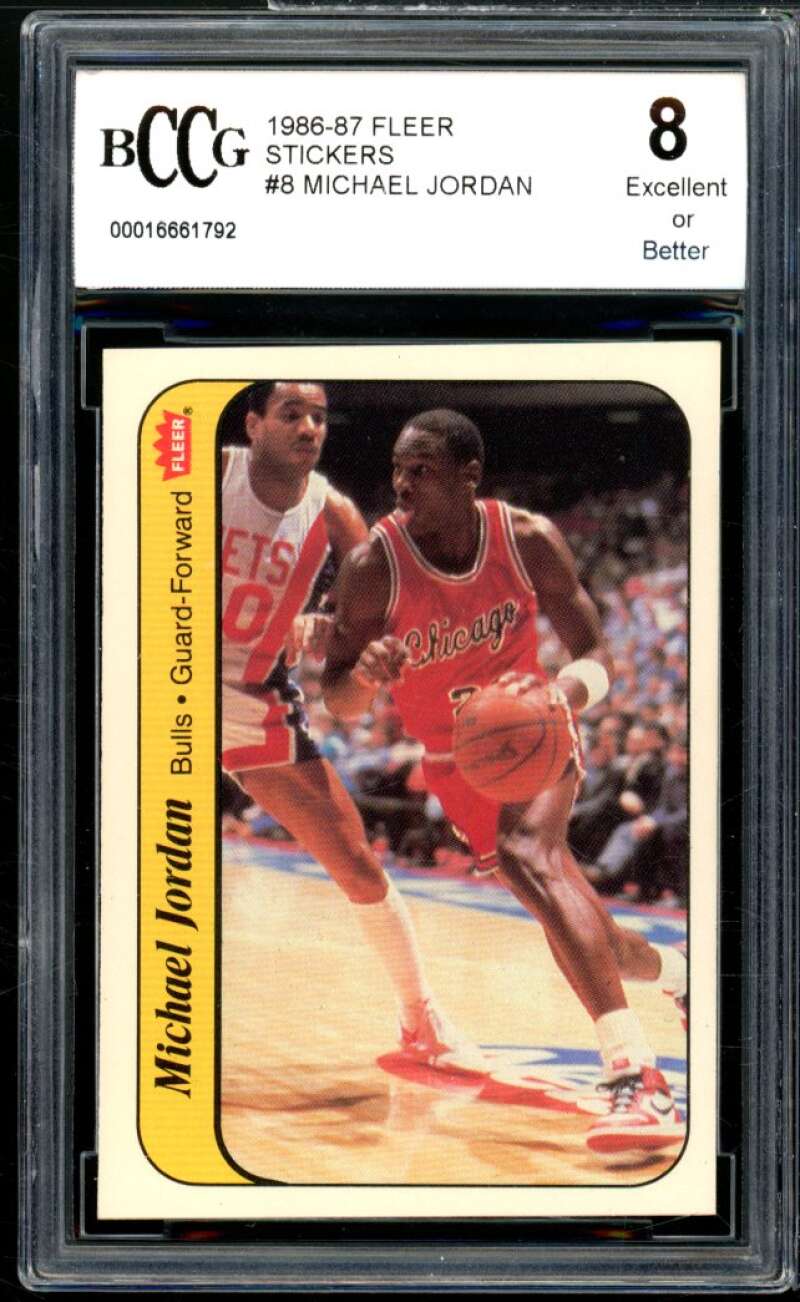 1986-87 Fleer Stickers #8 Michael Jordan Rookie Card BGS BCCG 8 Excellent+ Image 1