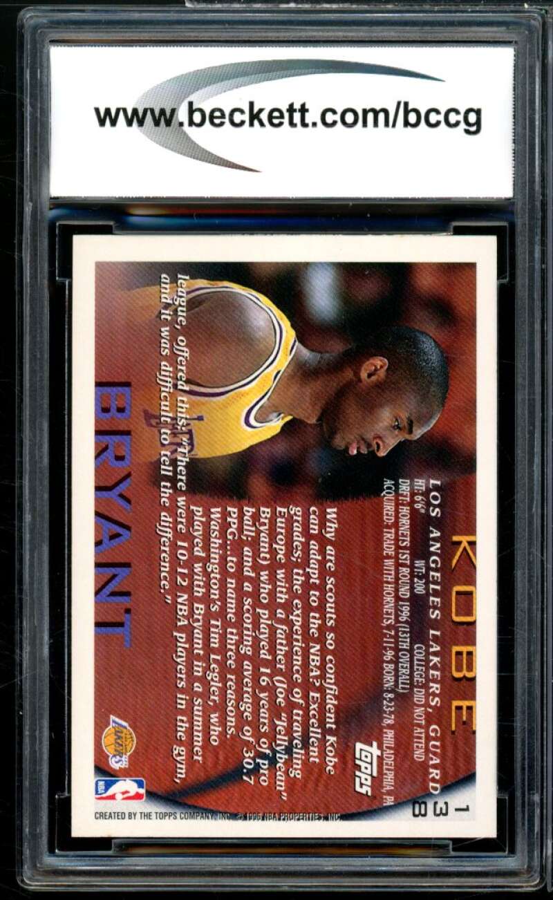 1996-97 Topps NBA At 50 #138 Kobe Bryant Rookie Card BGS BCCG 9 Near Mint+ Image 2