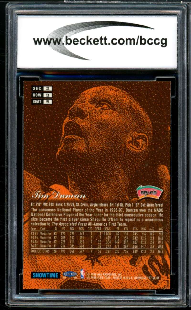 1997-98 Flair Showcase Row 3 #5 Tim Duncan Rookie Card BGS BCCG 10 Mint+ Image 2