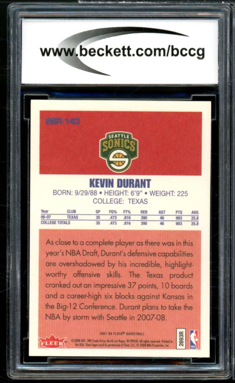 2007-08 Fleer 1986-87 Rookies #143 Kevin Durant Rookie BGS BCCG 9 Near Mint+ Image 2