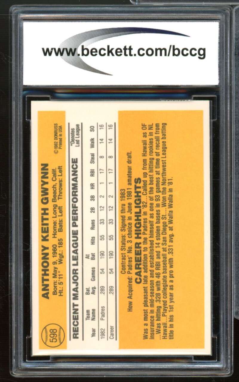 1983 Donruss #598 Tony Gwynn Rookie Card BGS BCCG 9 Near Mint+ Image 2