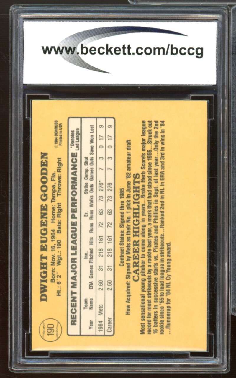 1985 Donruss #190 Dwight Gooden Rookie Card BGS BCCG 10 Mint+ Image 2