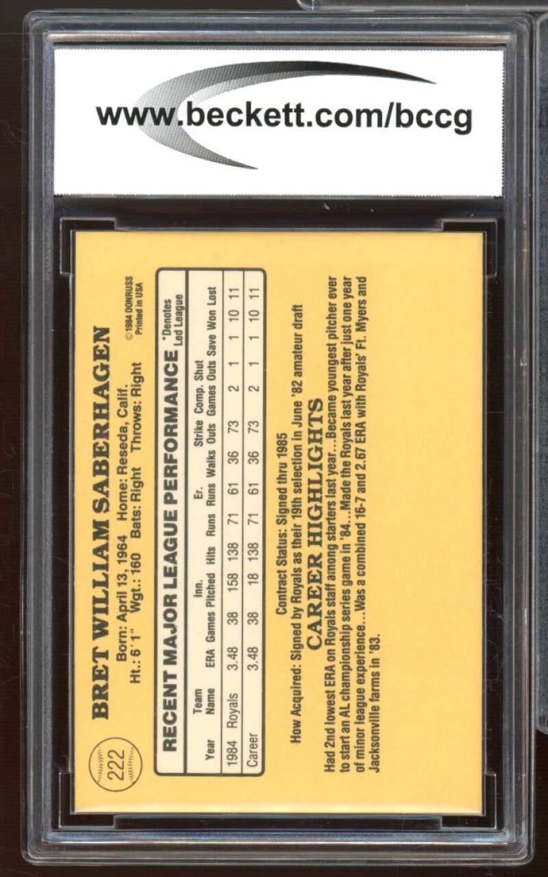 1985 Donruss #222 Bret Saberhagen Rookie Card BGS BCCG 10 Mint+ Image 2