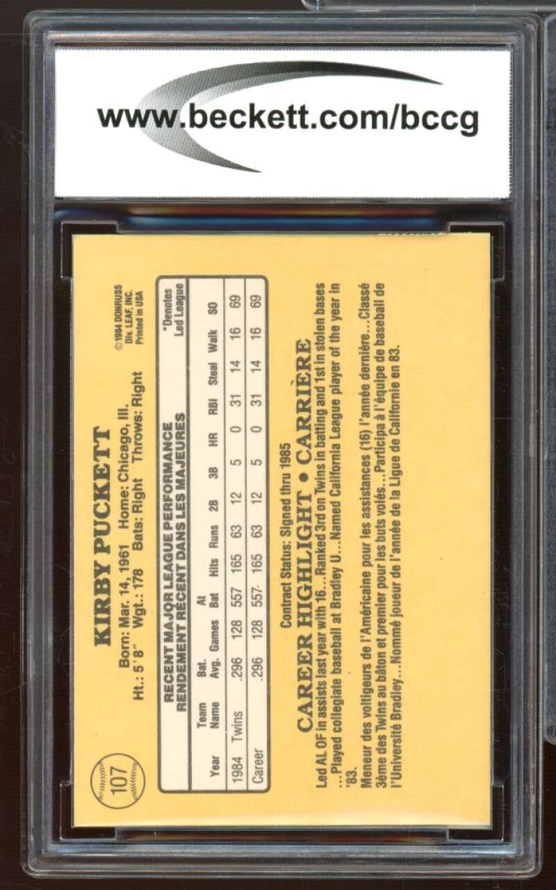 1985 Leaf/Donruss #107 Kirby Puckett Rookie Card BGS BCCG 10 Mint+ Image 2