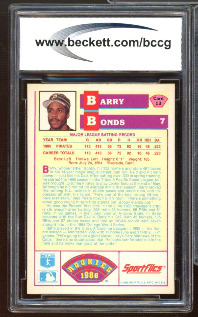 1986 Sportflics Rookies #13 Barry Bonds Rookie Card BGS BCCG 9 Near Mint+ Image 2