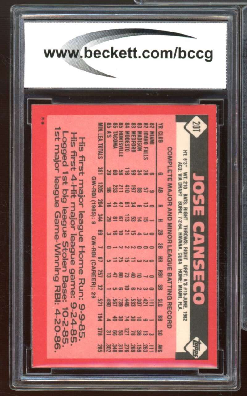 1986 Topps Traded #20T Jose Canseco Rookie Card BGS BCCG 10 Mint+ Image 2