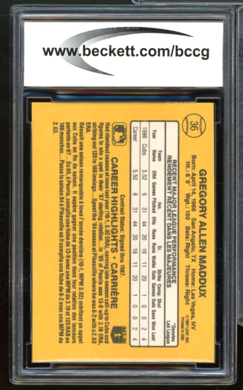 1987 Donruss #36 Greg Maddux Rookie Card BGS BCCG 10 Mint+ Image 2