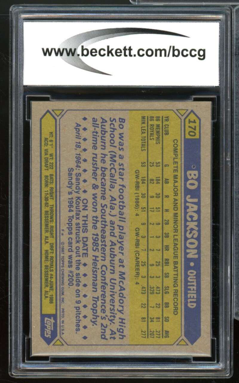 1987 Topps #170 Bo Jackson Card BGS BCCG 10 Mint+ Image 2