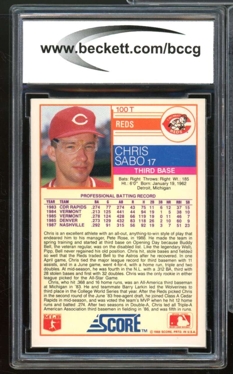 1988 Score Rookie/Traded Glossy #100T Chris Sabo Rookie Card BGS BCCG 10 Mint+ Image 2