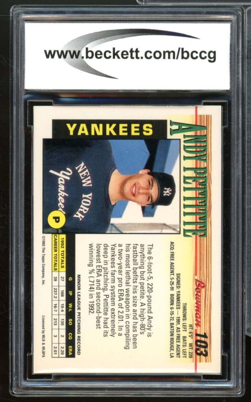 1993 Bowman #103 Andy Pettitte Rookie Card BGS BCCG 9 Near Mint+ Image 2