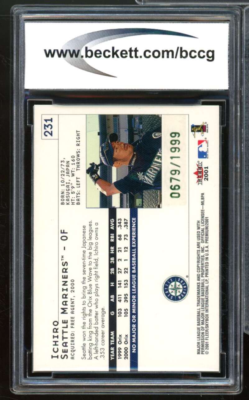 2001 Fleer Premium #231 Ichiro Suzuki Rookie Card BGS BCCG 9 Near Mint+ Image 2