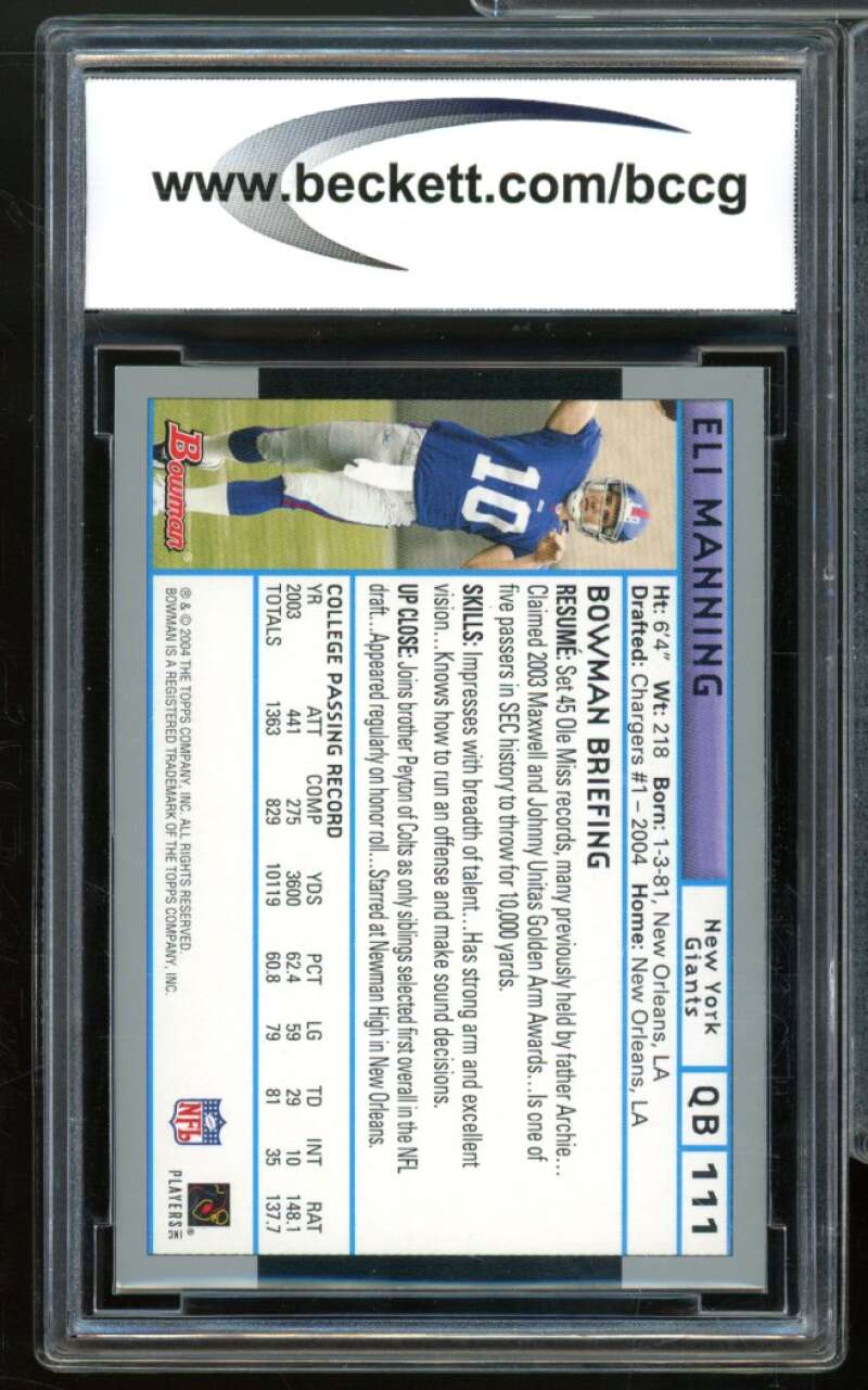 2004 Bowman #111 Eli Manning Rookie Card BGS BCCG 10 Mint+ Image 2