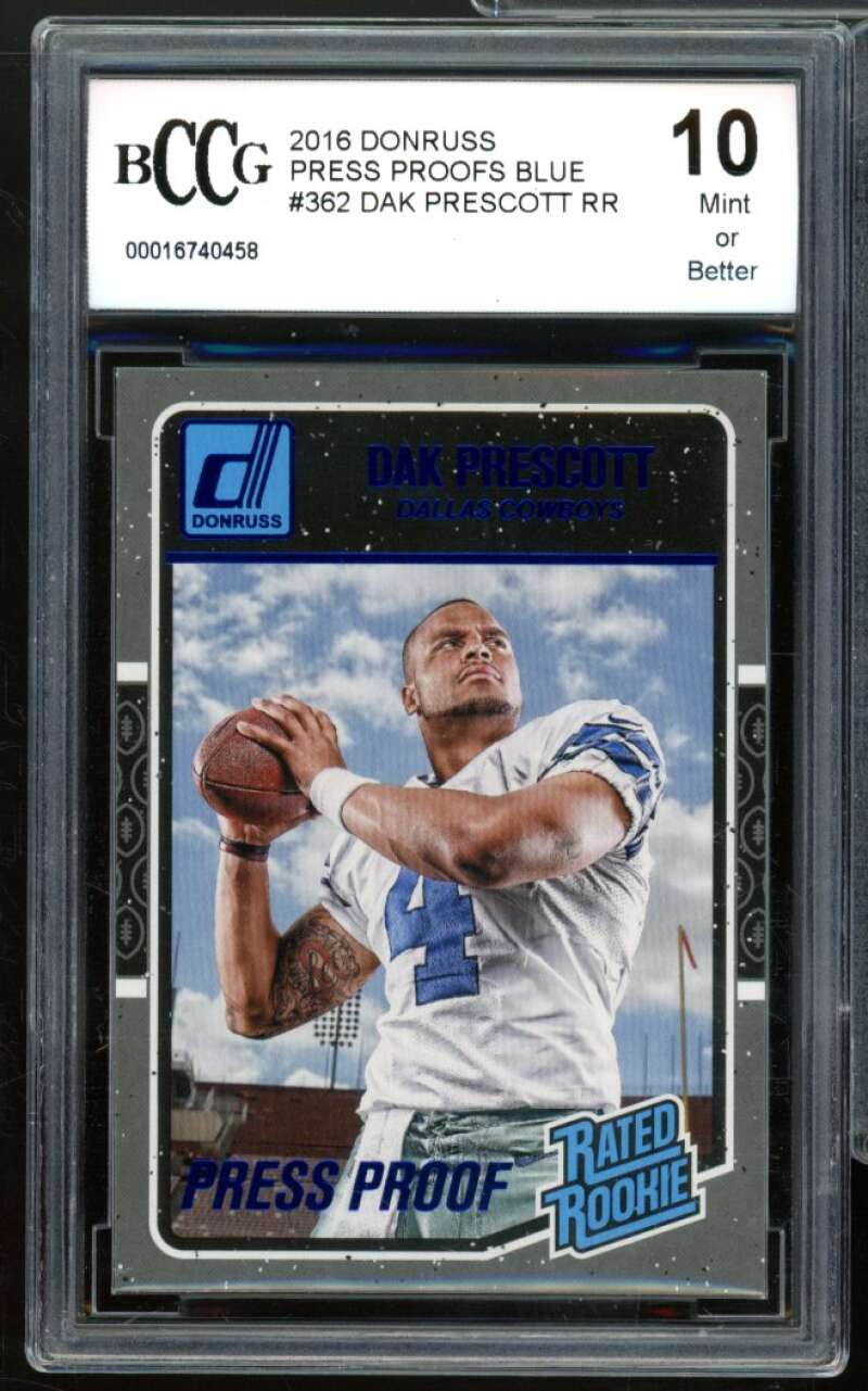 2016 Donruss Press Proofs Blue #362 Dak Prescott Rookie Card BGS BCCG 10 Mint+ Image 1