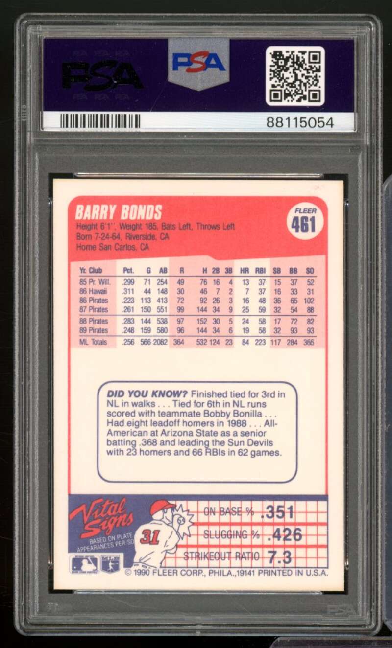 Barry Bonds Card 1990 Fleer #461 PSA 9 Image 2