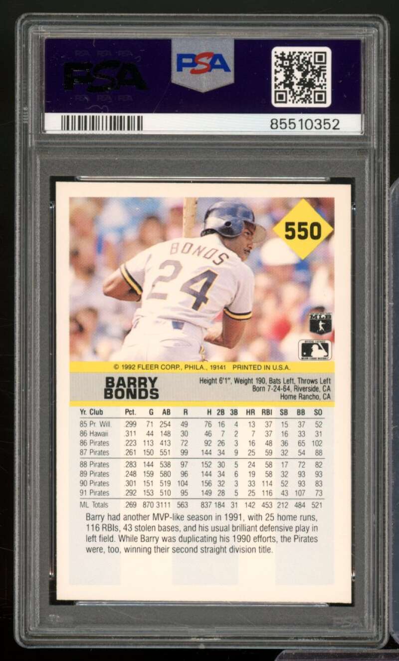 Barry Bonds Card 1992 Fleer #550 PSA 9 Image 2