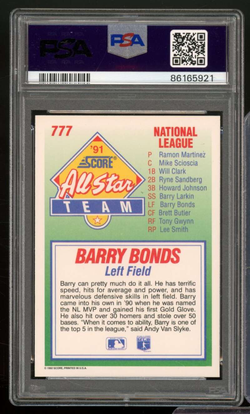 Barry Bonds Card 1992 Score #777 PSA 9 Image 2