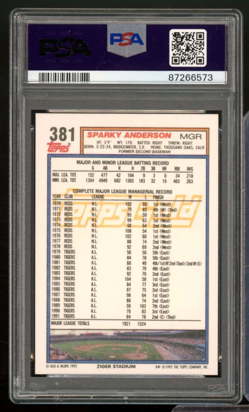 Sparky Anderson Card 1992 Topps Gold #381 PSA 9 Image 2