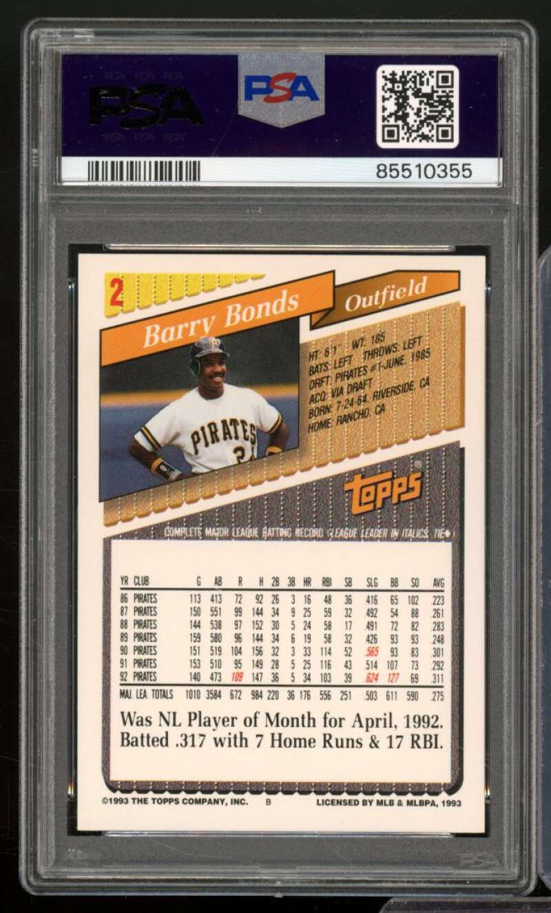 Barry Bonds Card 1993 Topps #2 PSA 9 Image 2