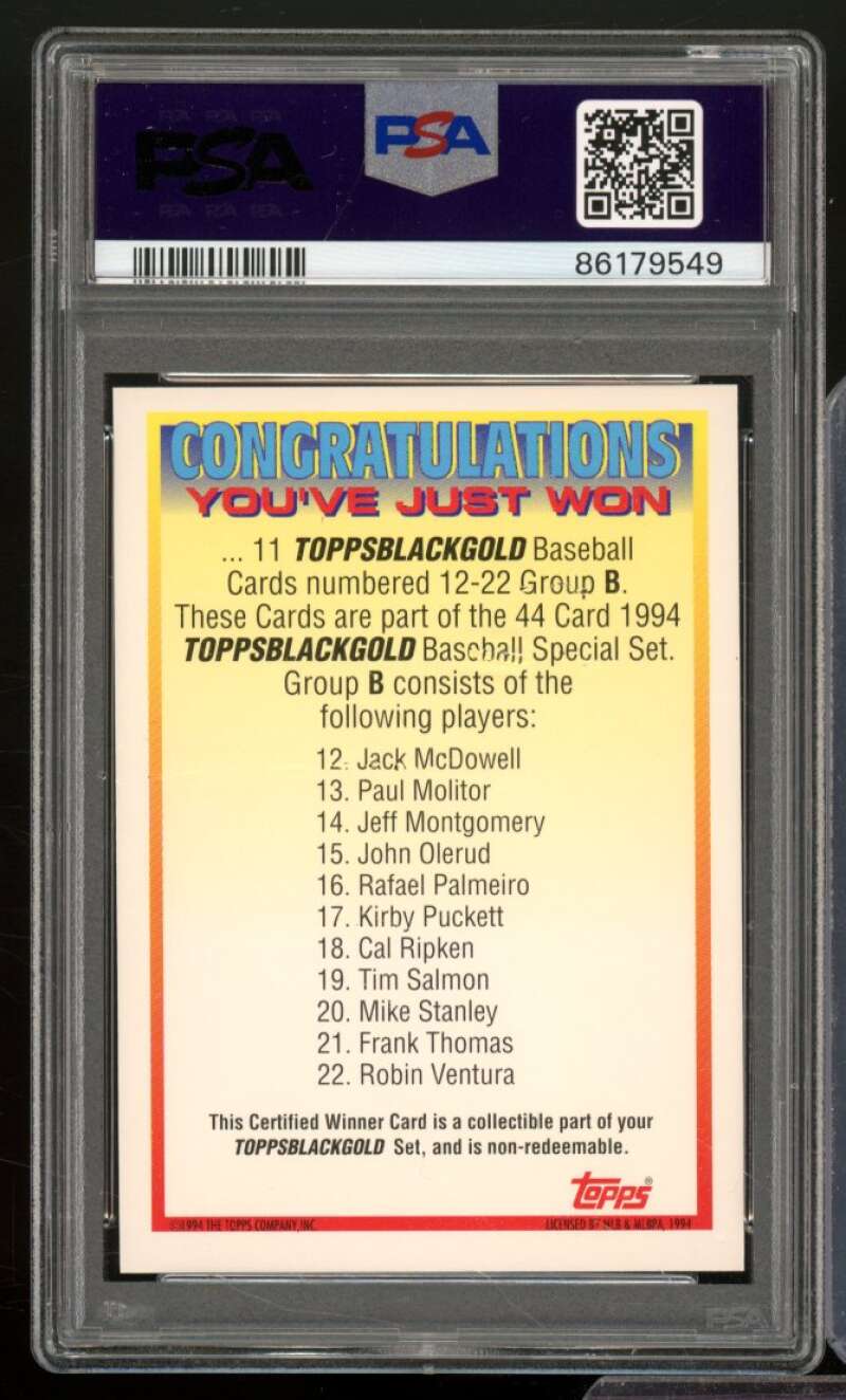 Puckett/Ripken/Frank Thomas Card 1994 Topps Black Gold Winner B #nno PSA 8 Image 2