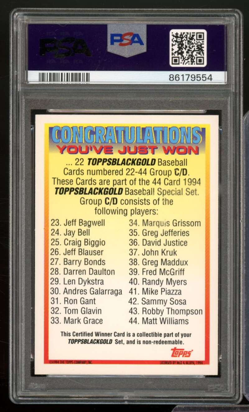 Bonds/Maddux/Piazza Card 1994 Topps Black Gold Winner C/D #nno PSA 8 Image 2