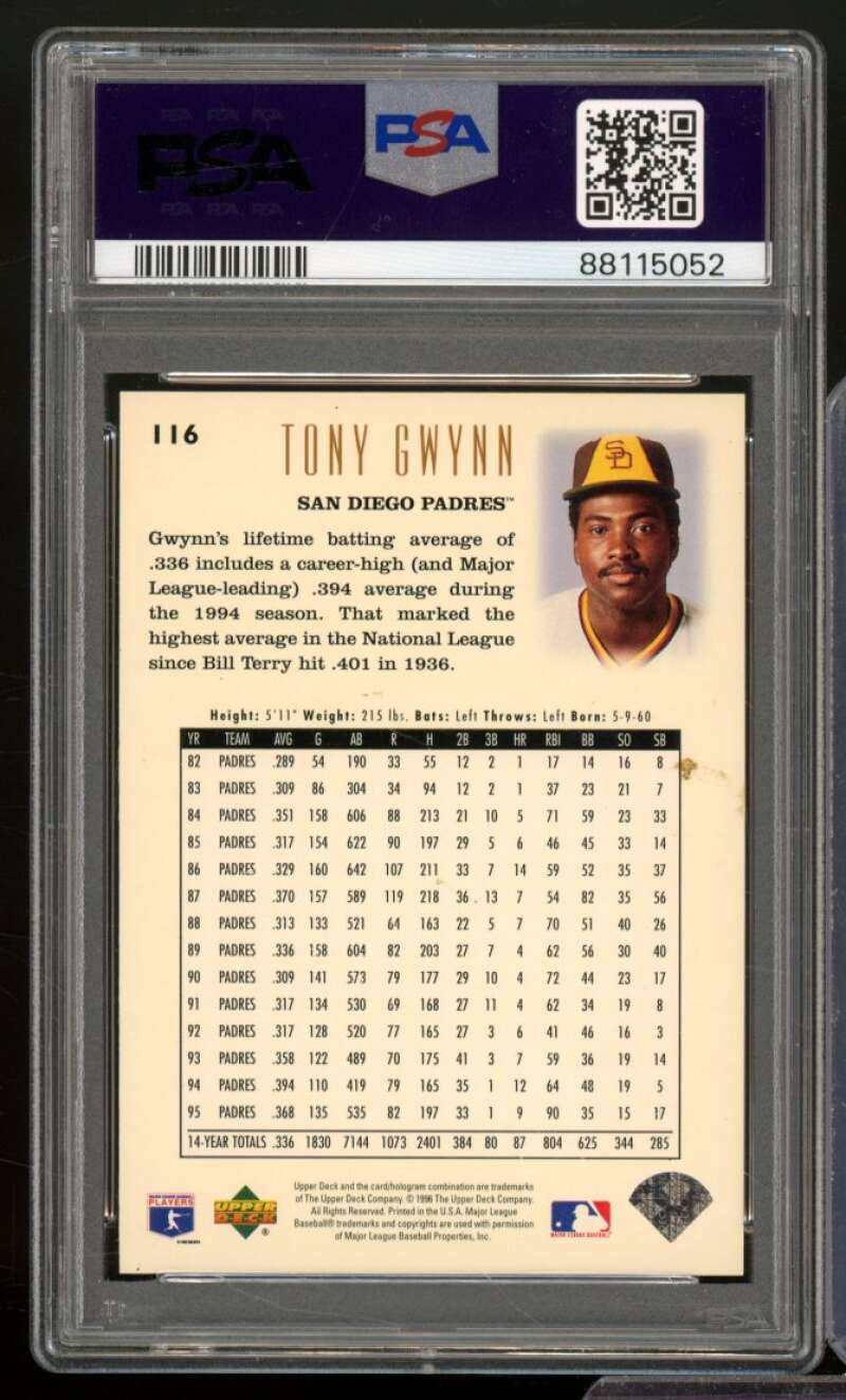 Tony Gwynn Card 1996 Upper Deck #116 PSA 9 Image 2