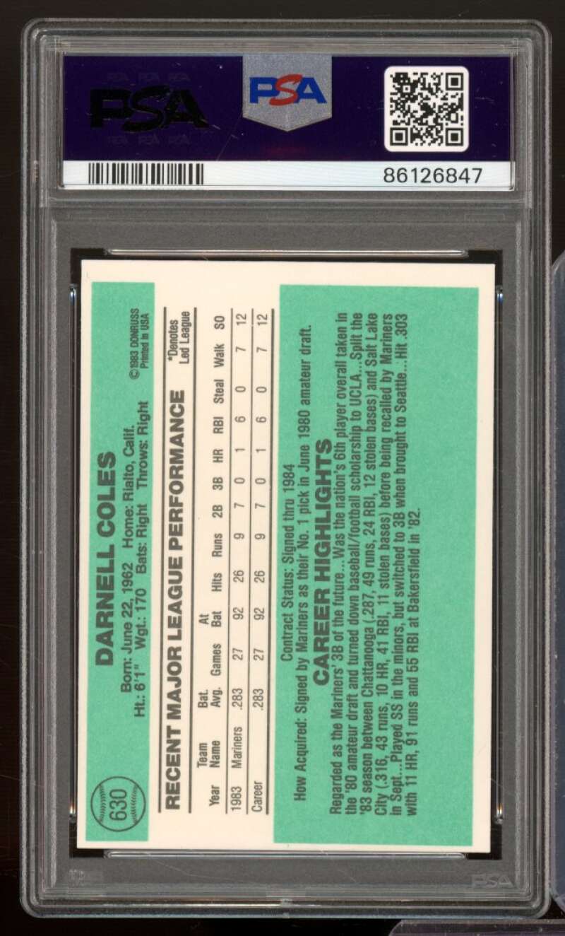 Darnell Coles Rookie Card 1984 Donruss #630 PSA 9 Image 2