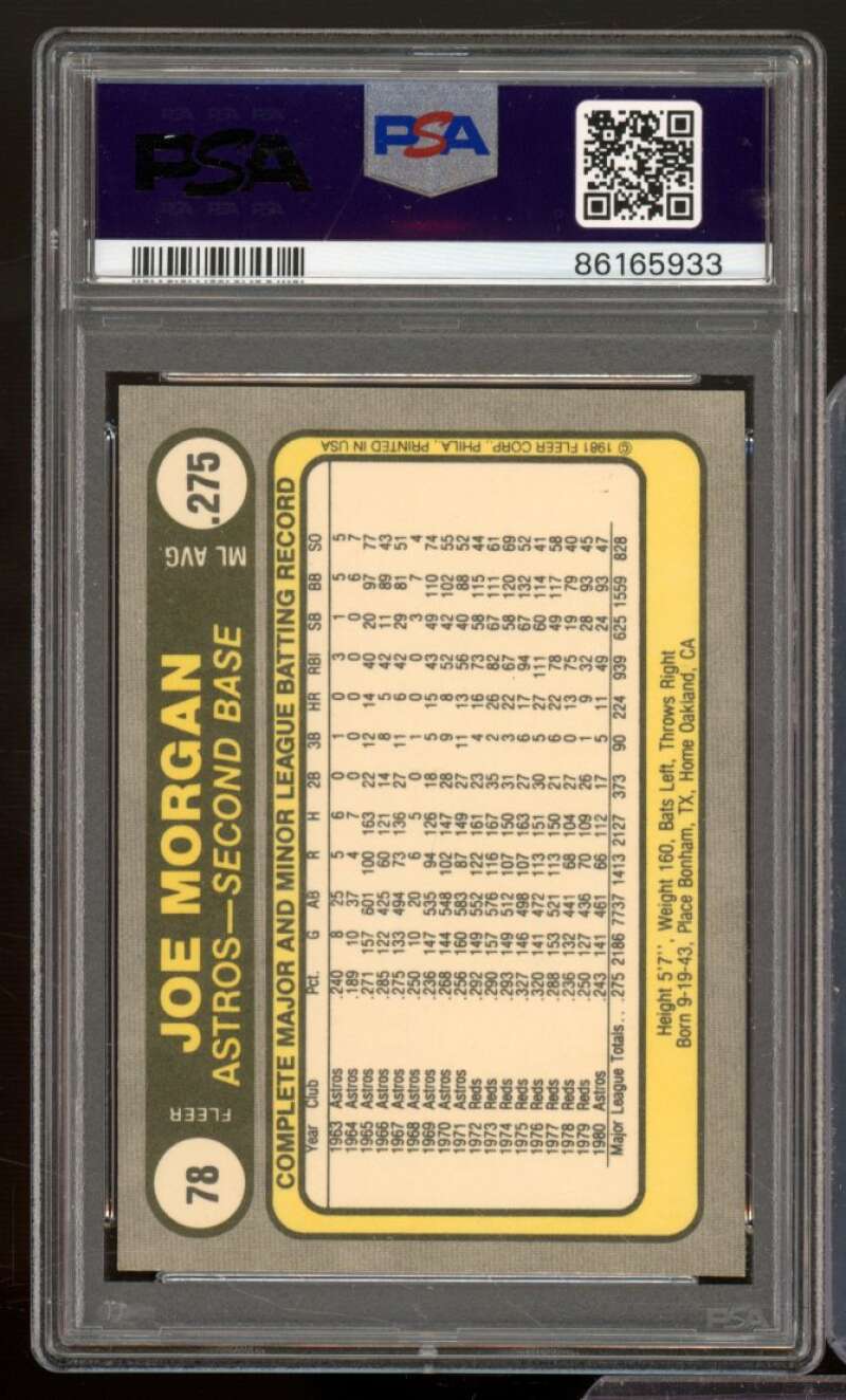 Joe Morgan Card 1981 Fleer #78 PSA 9 Image 2