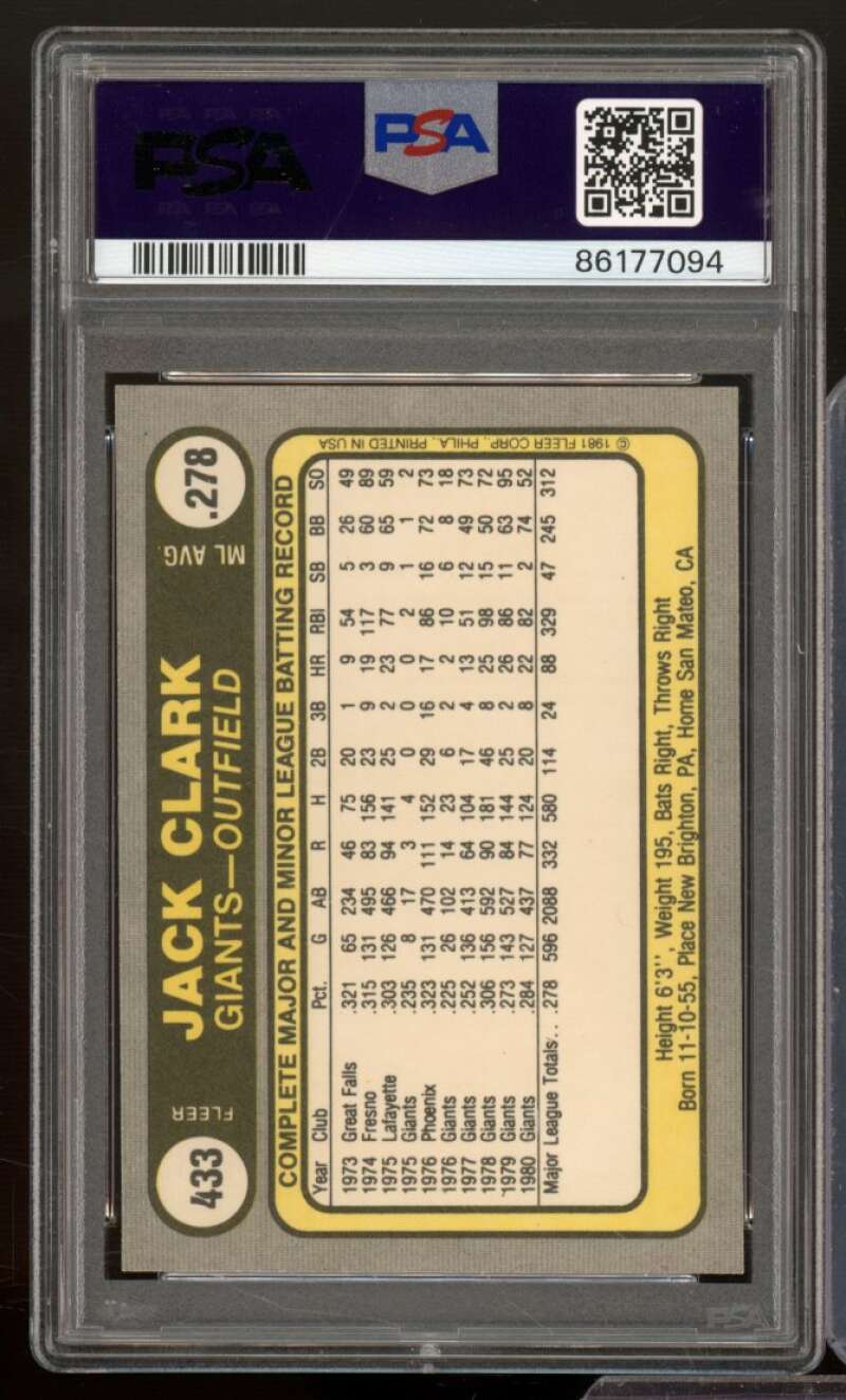 Jack Clark Card 1981 Fleer #433 PSA 9 Image 2