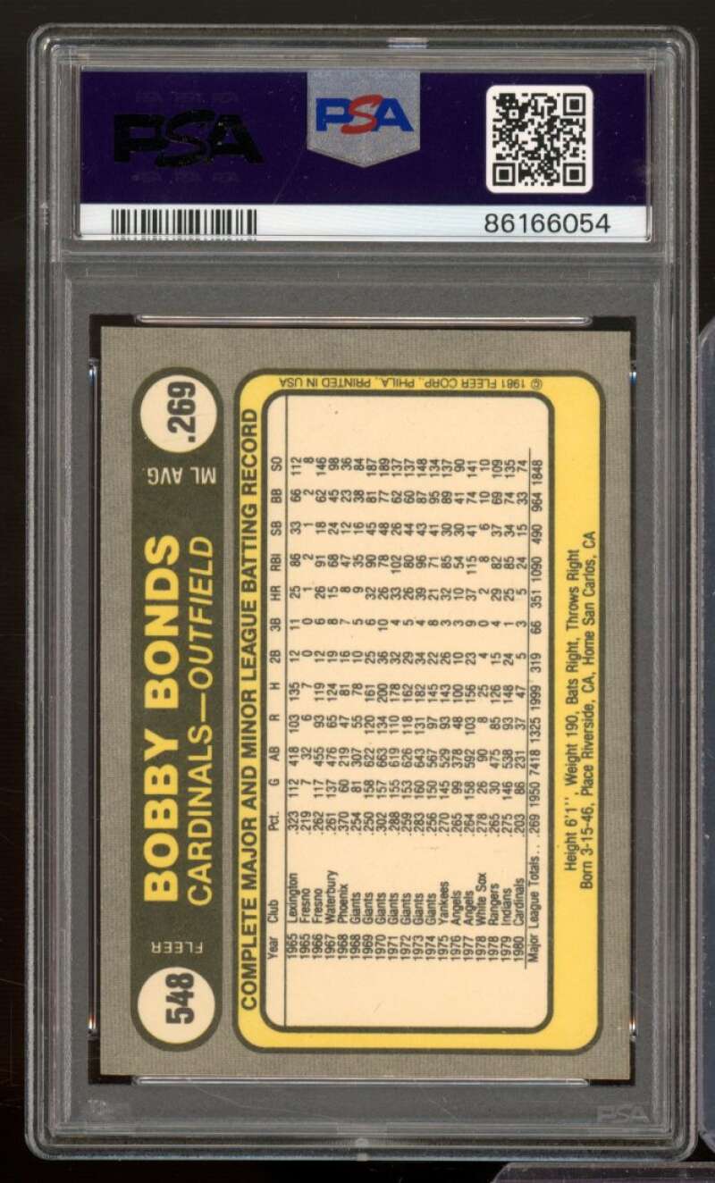 Bobby Bonds Card 1981 Fleer #548 PSA 9 Image 2