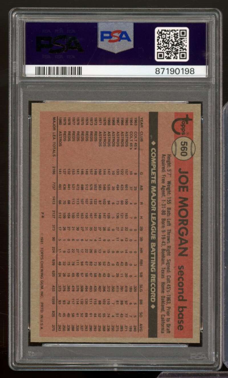 Joe Morgan Card 1981 Topps #560 PSA 8 Image 2