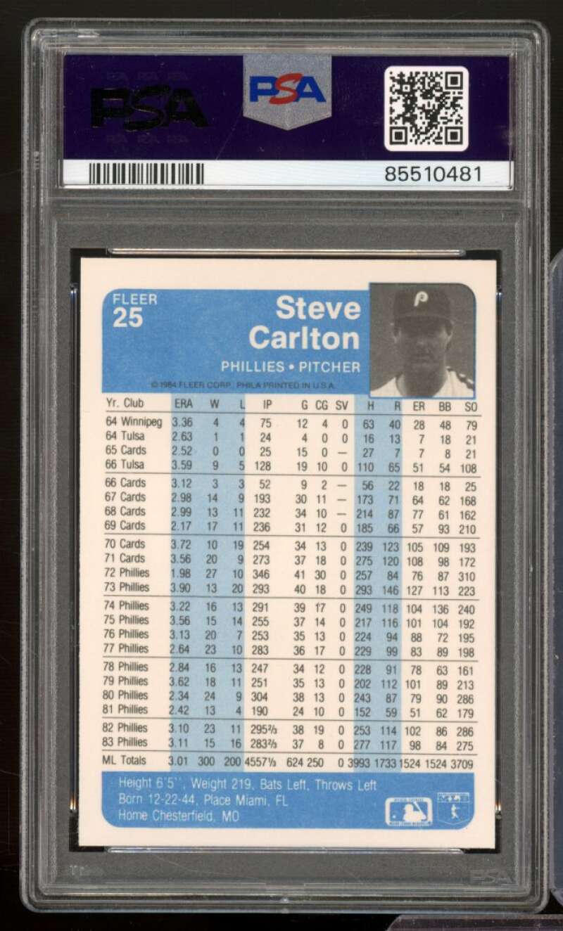 Steve Carlton Card 1984 Fleer #25 PSA 9 Image 2