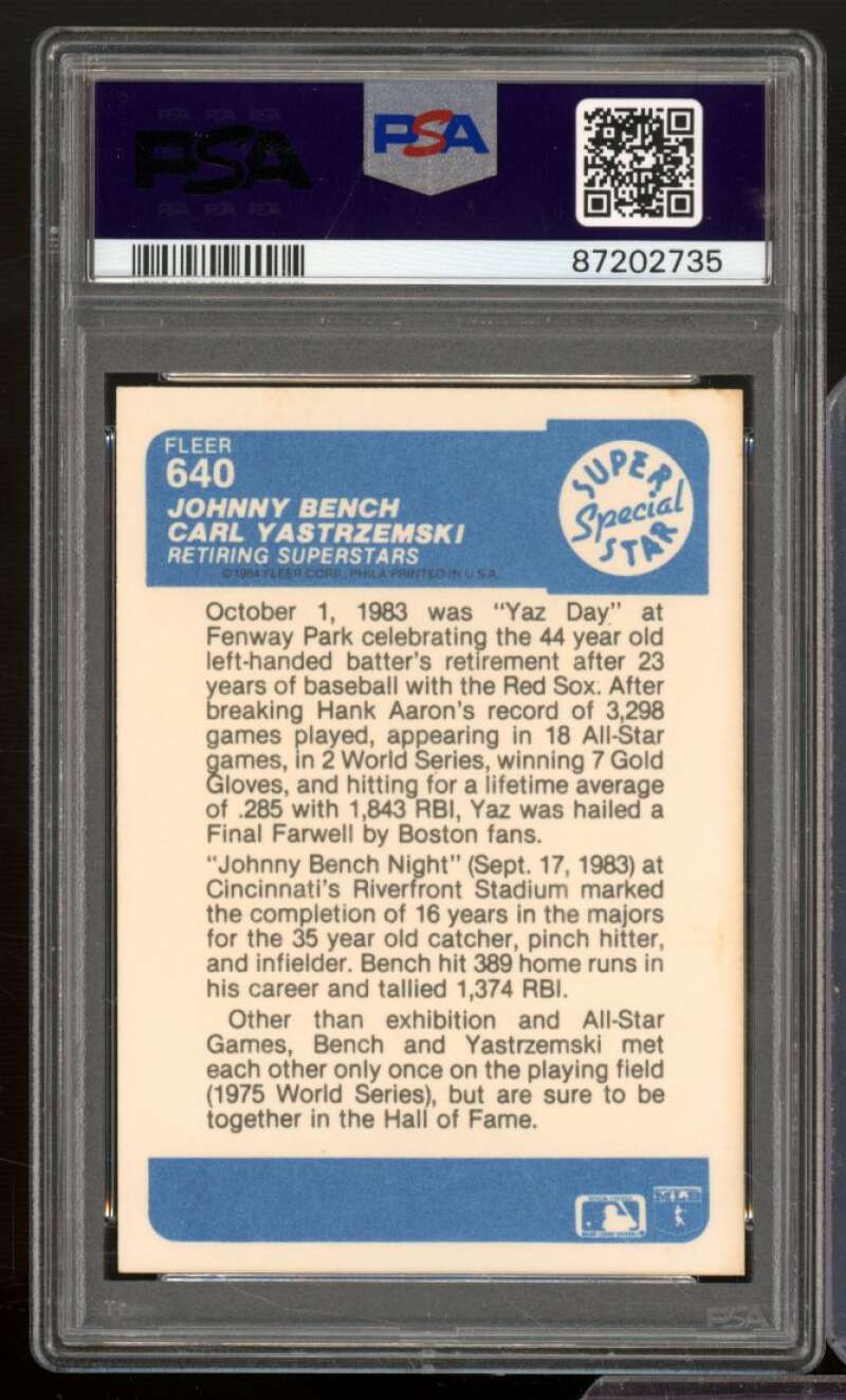 Johnny Bench/Carl Yastrzemski Card 1984 Fleer #640 PSA 9 Image 2