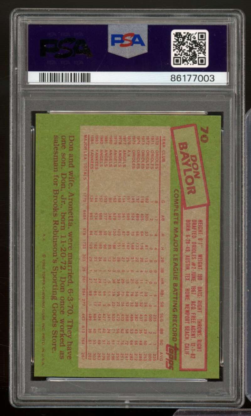 Don Baylor Card 1985 Topps #70 PSA 9 Image 2