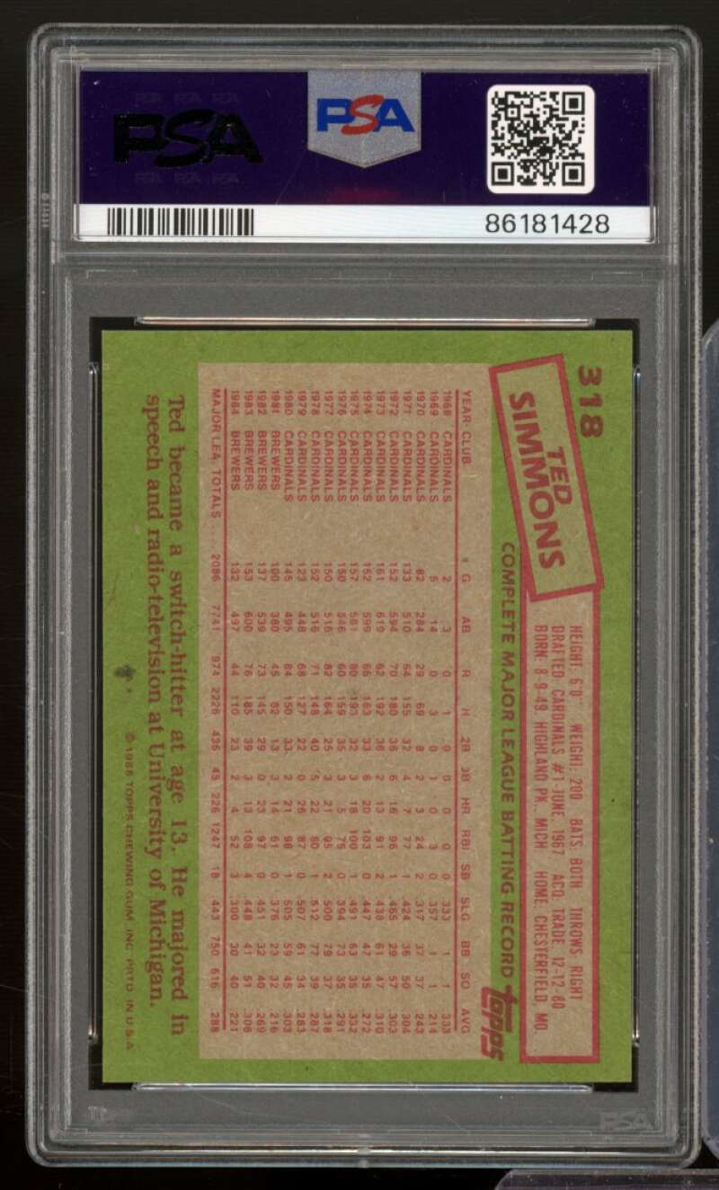 Ted Simmons Card 1985 Topps #318 PSA 9 Image 2