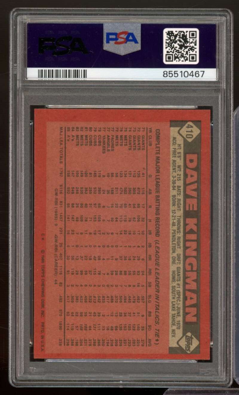 Dave Kingman Card 1986 Topps #410 PSA 6 Image 2