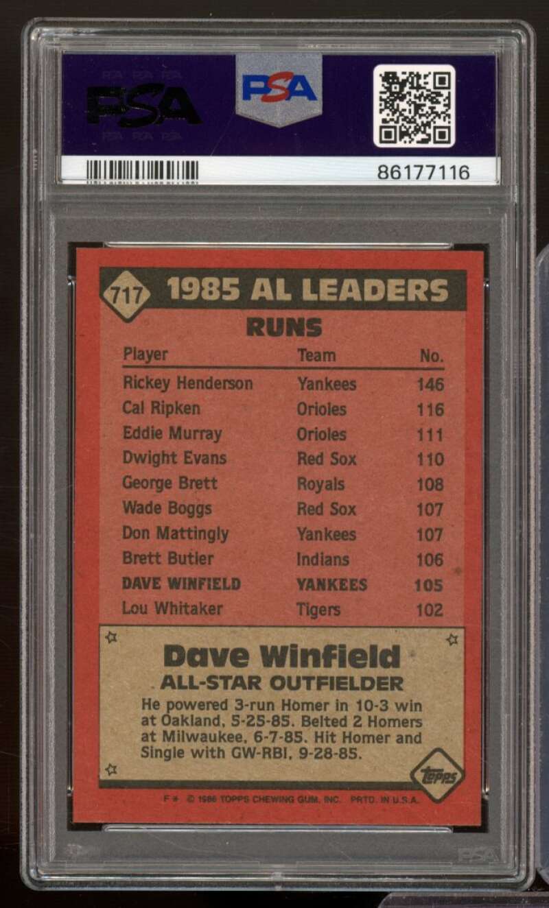 Dave Winfield Card 1986 Topps #717 PSA 9 Image 2