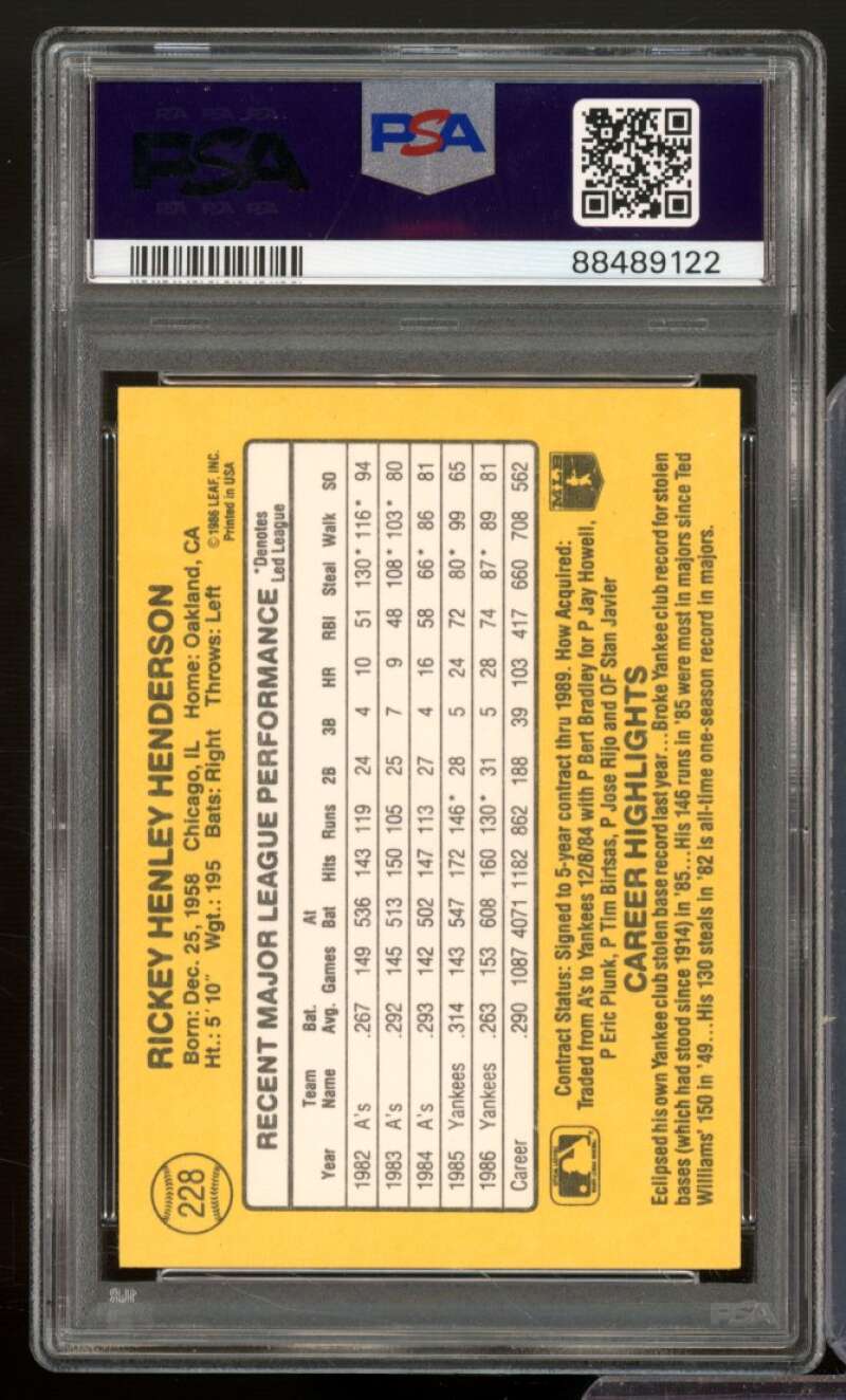 Rickey Henderson Card 1987 Donruss #228 PSA 9 Image 2