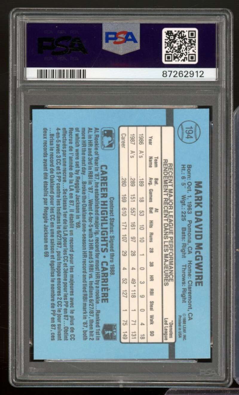 Mark McGwire Card 1988 Leaf #194 PSA 3 Image 2