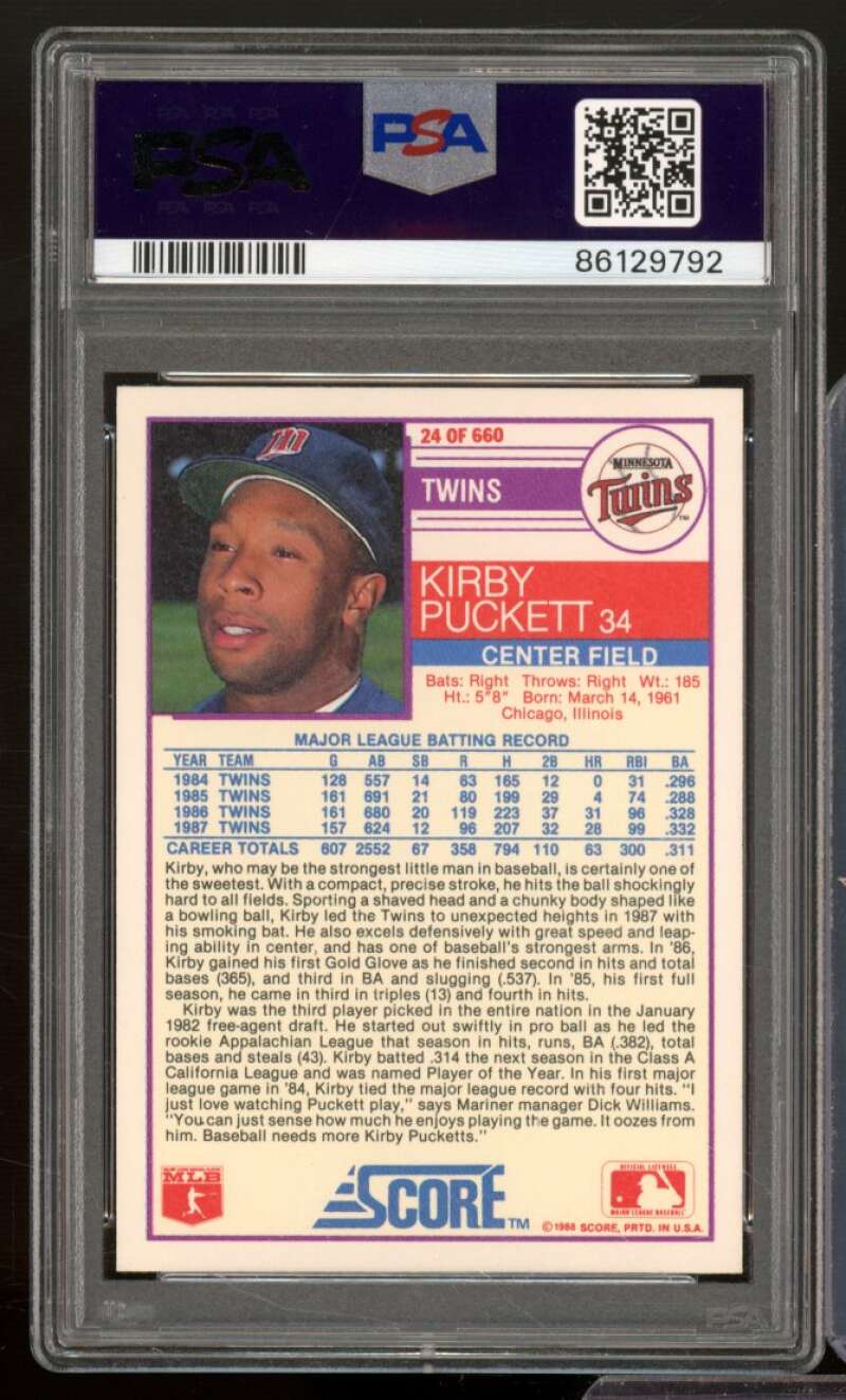 Kirby Puckett Card 1988 Score #24 PSA 9 Image 2