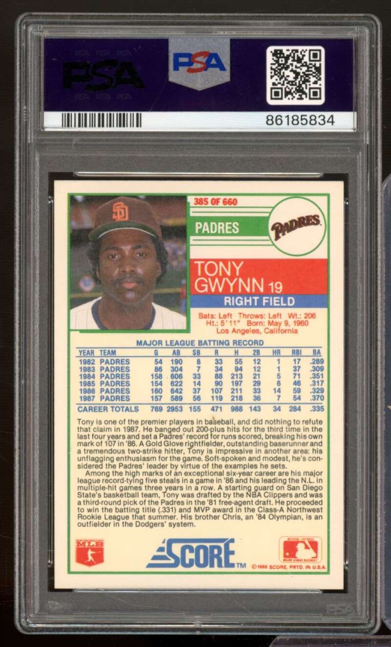 Tony Gwynn Card 1988 Score #385 PSA 8 Image 2