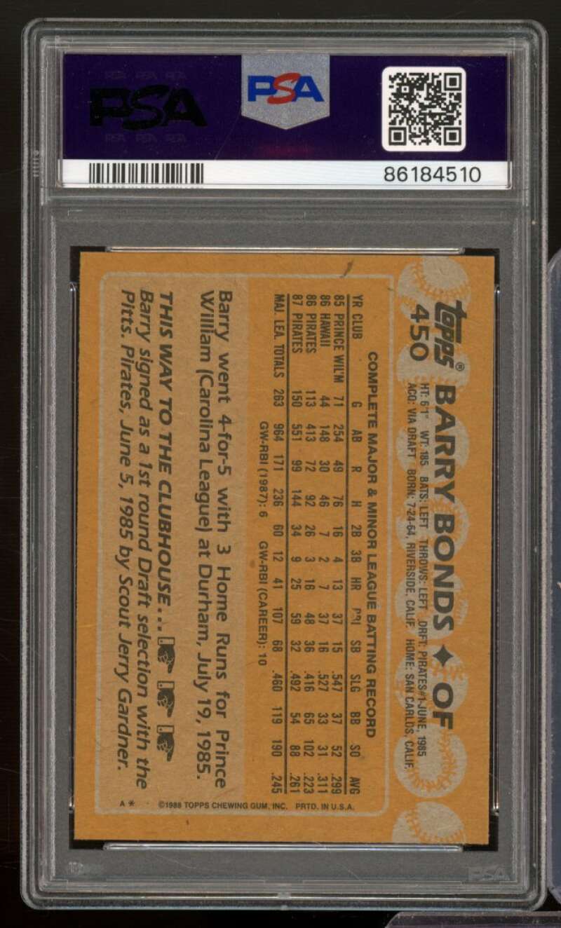 Barry Bonds Card 1988 Topps #450 PSA 9 Image 2