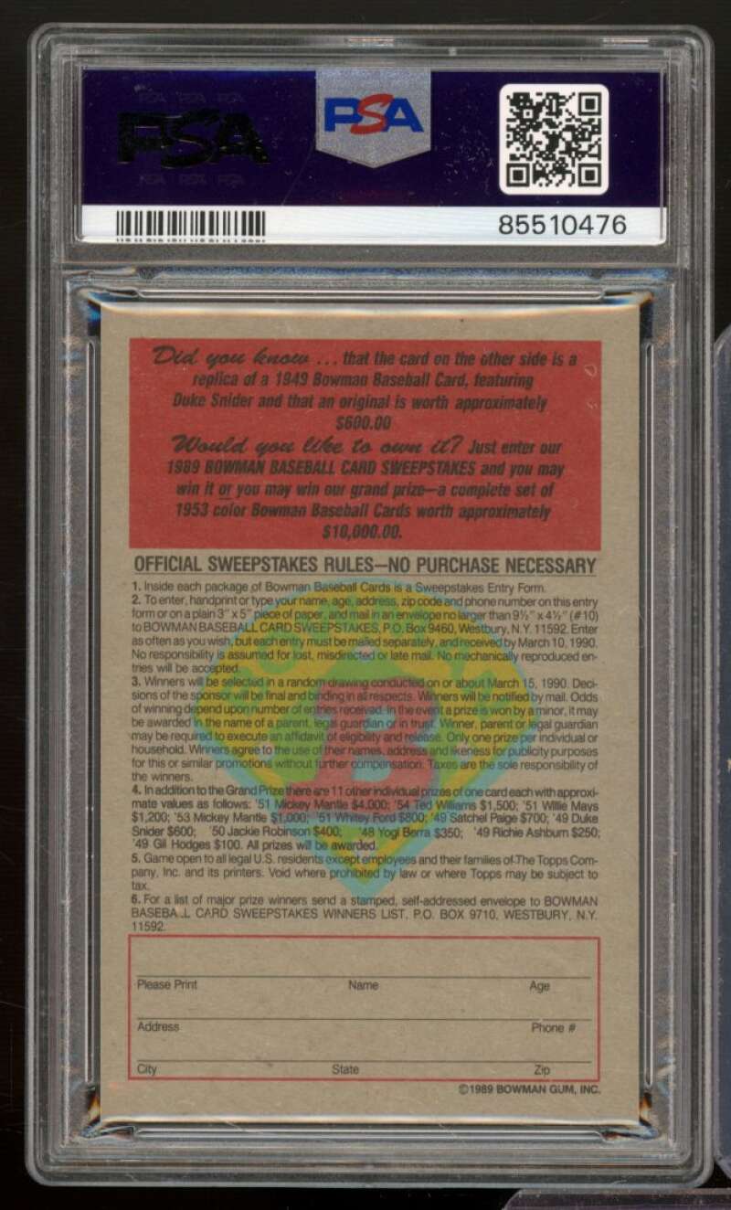 Duke Snider Card 1989 Bowman Inserts 1949 Reprint #nno PSA 8 Image 2