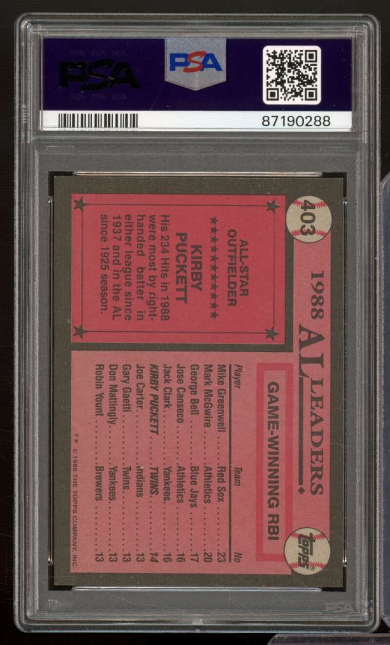 Kirby Puckett Card 1989 Topps #403 PSA 8 Image 2