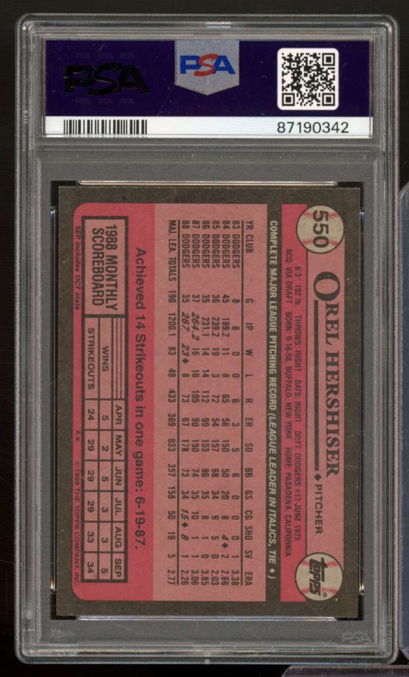 Orel Hershiser Card 1989 Topps #550 PSA 8 Image 2