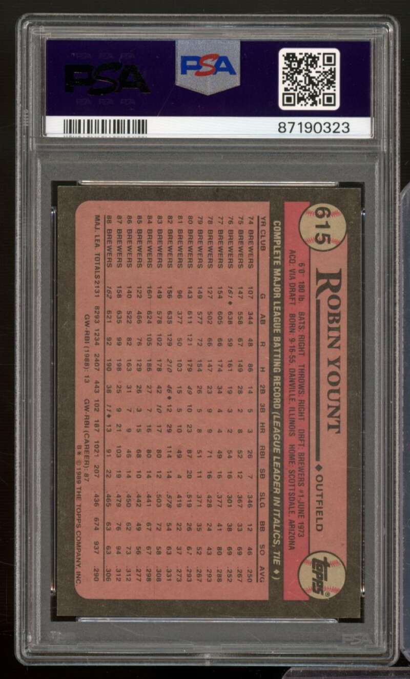 Robin Yount Card 1989 Topps #615 PSA 9 Image 2