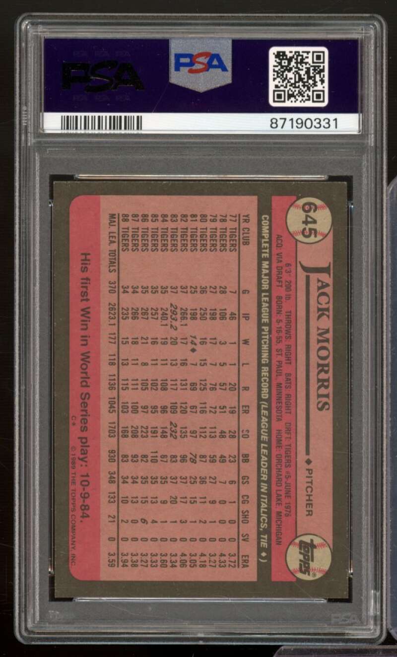 Jack Morris Card 1989 Topps #645 PSA 9 Image 2